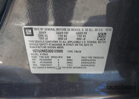 2016 GMC Sierra 1500 Slt из США, поврежденный, VIN 3GTU2NEC0GG123895